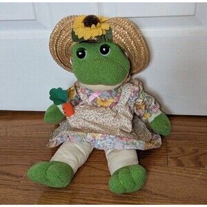Vintage Plush Frog Summer Rustic Sunflower Straw Hat Spring Dress Cottagecore